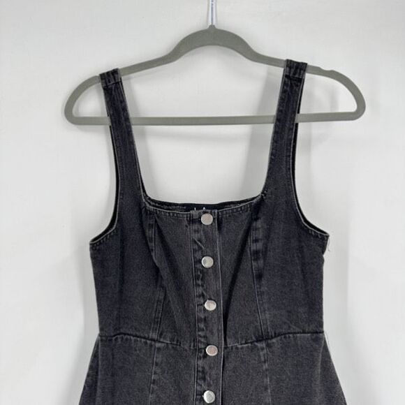 Lulus Corra Denim Mini Dress S Washed Black Button Front Jean Jumper Square Neck - Picture 4 of 12
